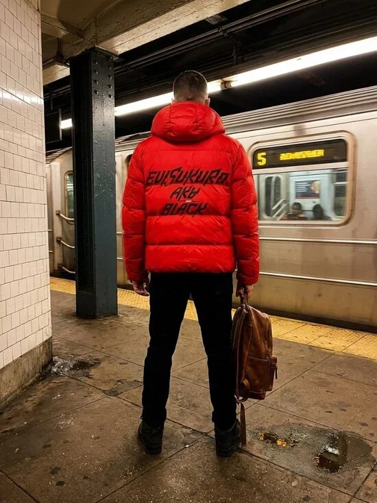 EVISUKURO Red Aka Black Puffer Jacket Men's Size Large Hooded Padded Coat - Picture 3 of 8